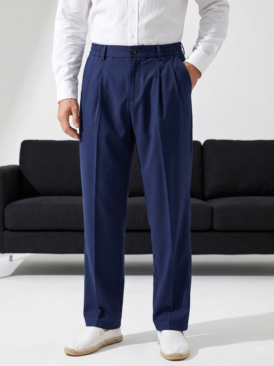 Hümra Lacivert Baggy Pileli Dökümlü Kumaş Pantolon