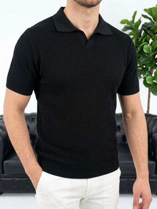 Hümra Siyah Polo Yaka Desenli Triko Tişört