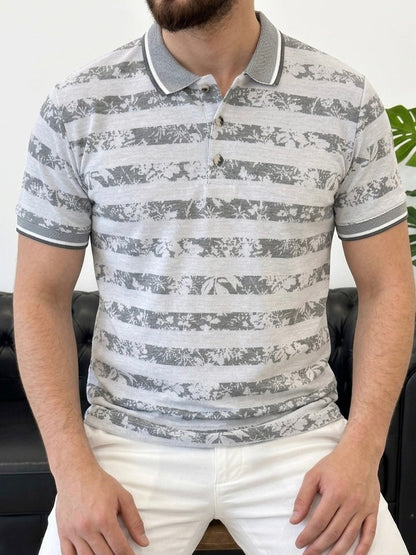 Hümra Füme Çizgili Desenli Polo Yaka Triko Tişört