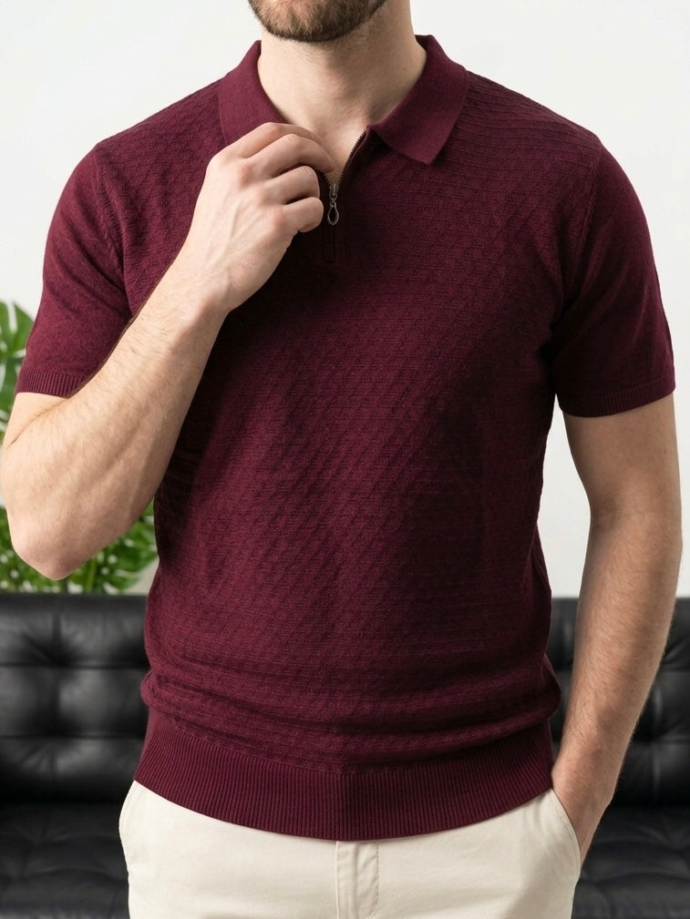 Hümra Bordo Yarım Fermuarlı Triko Polo T-Shirt