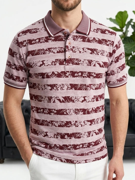 Hümra Bordo Çizgili Desenli Polo Yaka Triko Tişört