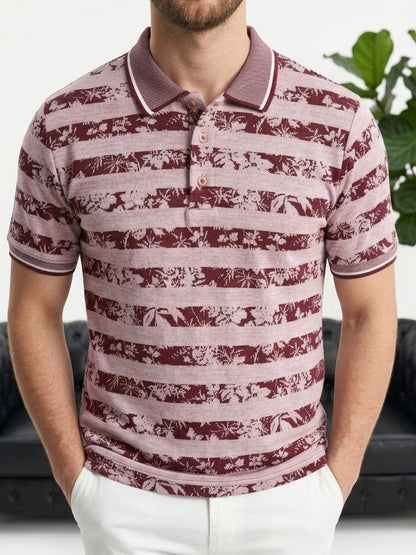 Hümra Bordo Çizgili Desenli Polo Yaka Triko Tişört