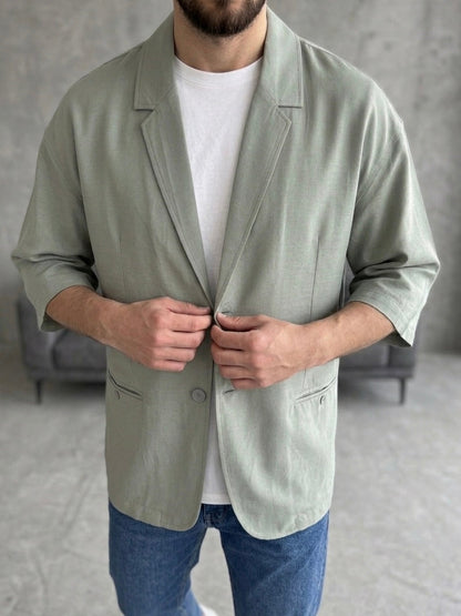Hümra Haki Kısa Kollu Keten Blazer Ceket