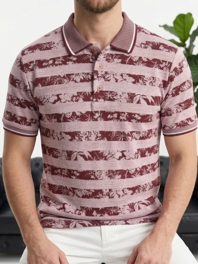 Hümra Bordo Çizgili Desenli Polo Yaka Triko Tişört