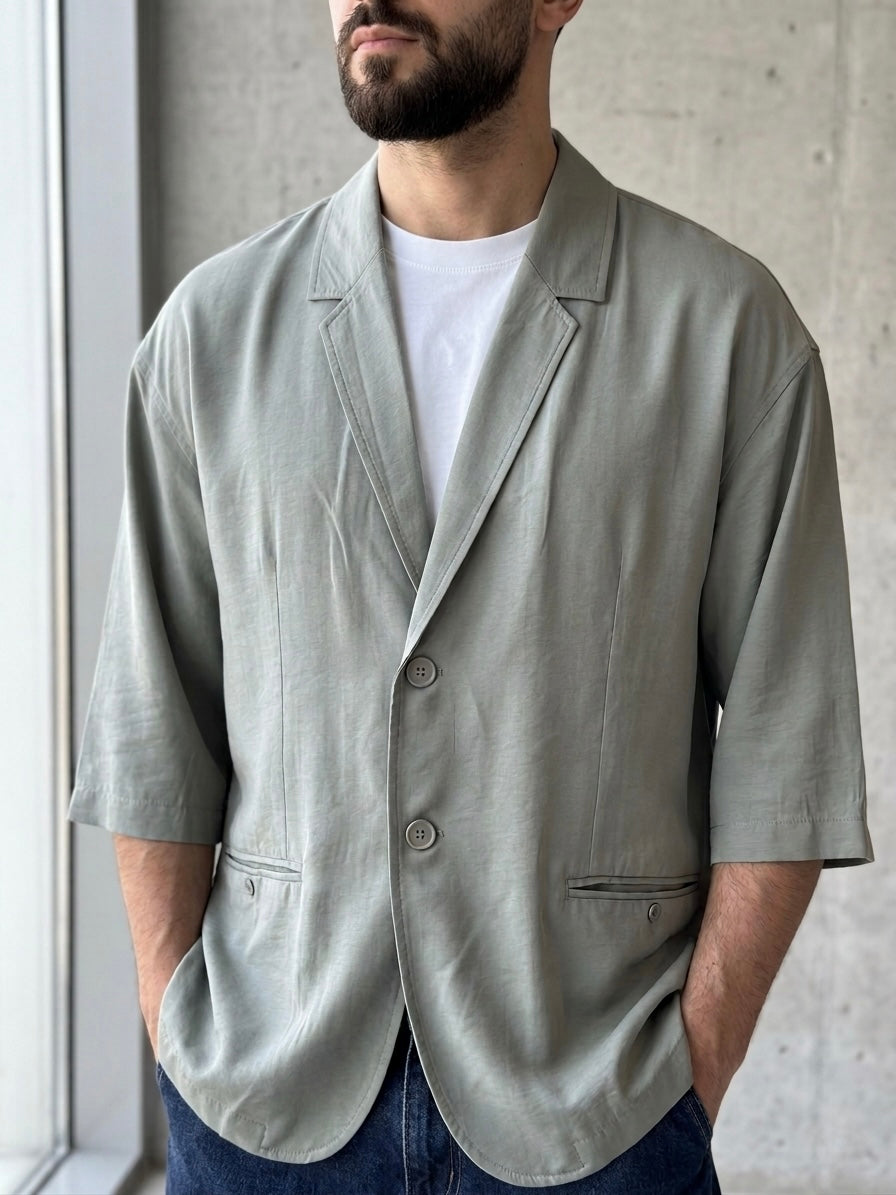 Hümra Haki Kısa Kollu Keten Blazer Ceket