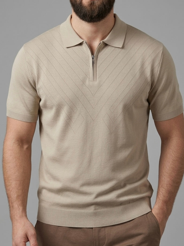Hümra Bej Yarım Fermuarlı Polo Yaka Triko Tişört