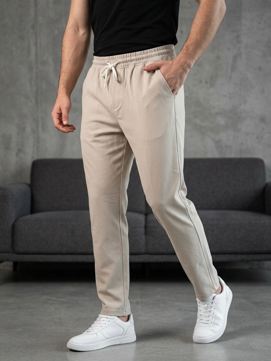 Hümra Krem Bağcıklı Bel Lastikli Jogger Kumaş Pantolon
