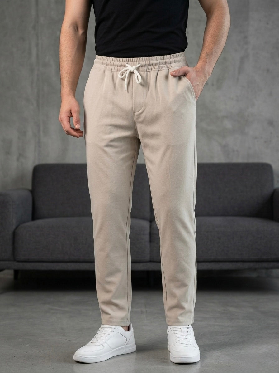 Hümra Krem Bağcıklı Bel Lastikli Jogger Kumaş Pantolon