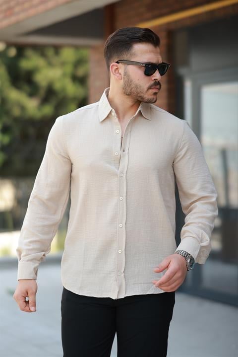 Hümra Bej Düz Uzun Kollu Regular Fit Gömlek