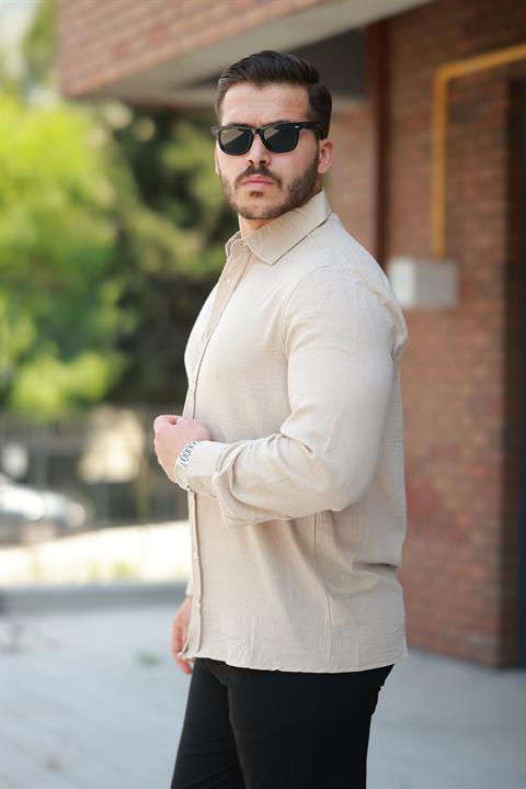Hümra Bej Düz Uzun Kollu Regular Fit Gömlek