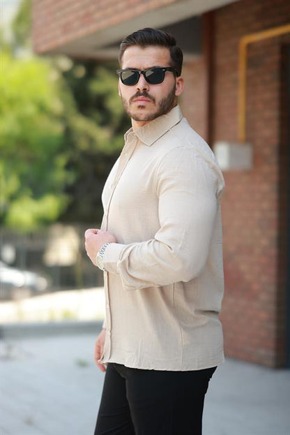 Hümra Bej Düz Uzun Kollu Regular Fit Gömlek