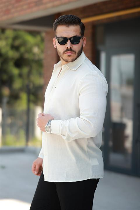 Hümra Ekru Düz Uzun Kollu Regular Fit Gömlek