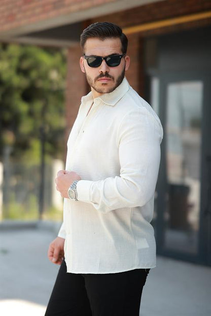 Hümra Ekru Düz Uzun Kollu Regular Fit Gömlek