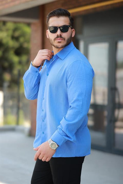 Hümra Mavi Düz Uzun Kollu Regular Fit Gömlek