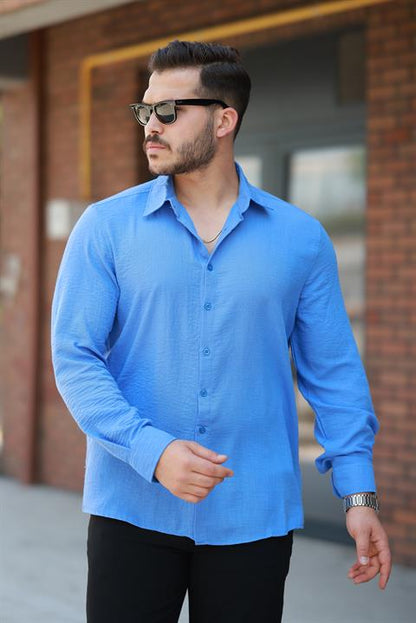 Hümra Mavi Düz Uzun Kollu Regular Fit Gömlek