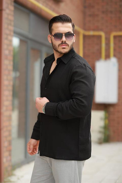 Hümra Siyah Düz Uzun Kollu Regular Fit Gömlek